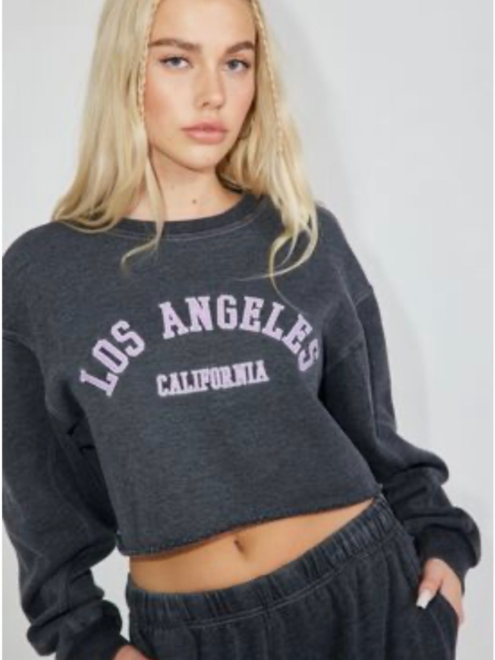 Garage Los Angeles Graphic Cropped Sweatshirt - Charcoal with Pink Lettering
